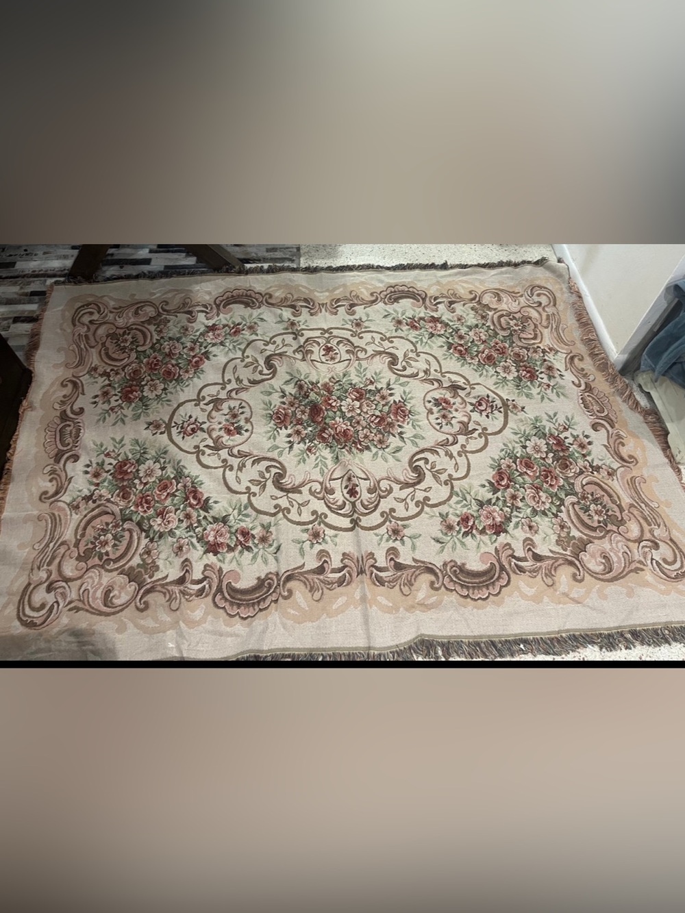 vintage woven tapestry throw blanket / table cover French Aubusson-style floral